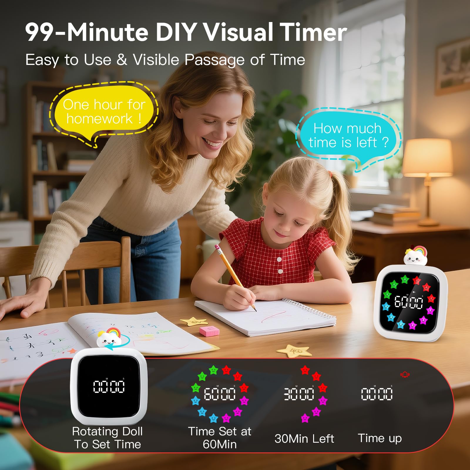 Yunbaoit Digital Visual Timer for Kids — 99-Minute Silent Countdown, 19 Ringtones, Rechargeable